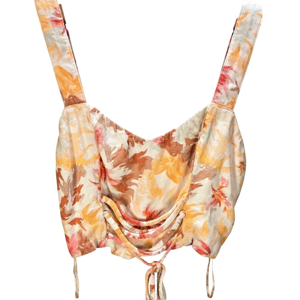 Women's Abercrombie Small Floral Linen Blend Cinch Front Crop Top Boho Festival